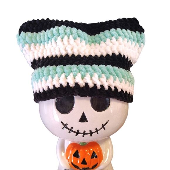 Handmade Pink Blue White Crochet Cat Ear Beanie Hat NEW - Picture 12 of 12